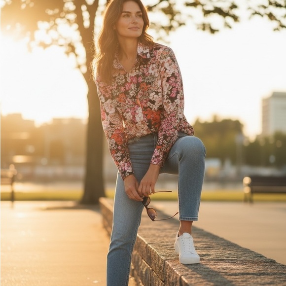 Floral Women's Blouse in Vibrant Pink and Orange - Picture 2 of 5